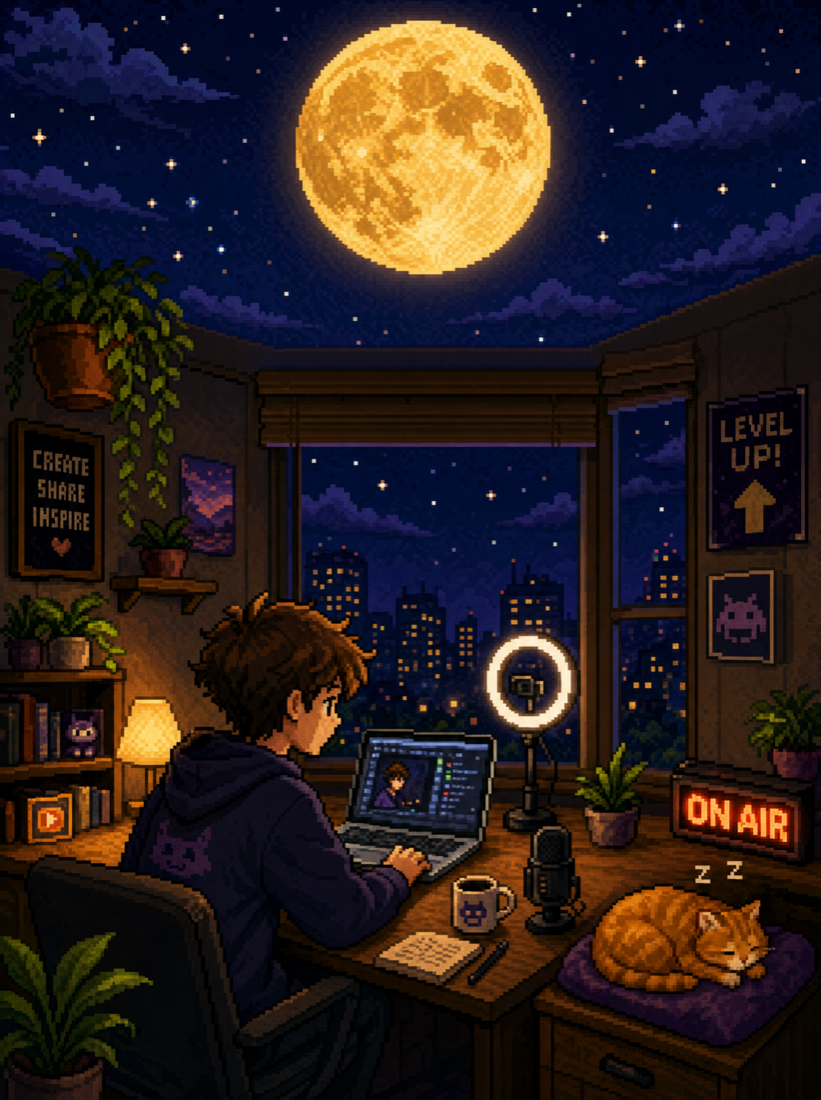 Scène pixel-art : une créatrice travaille la nuit sous une grande lune.