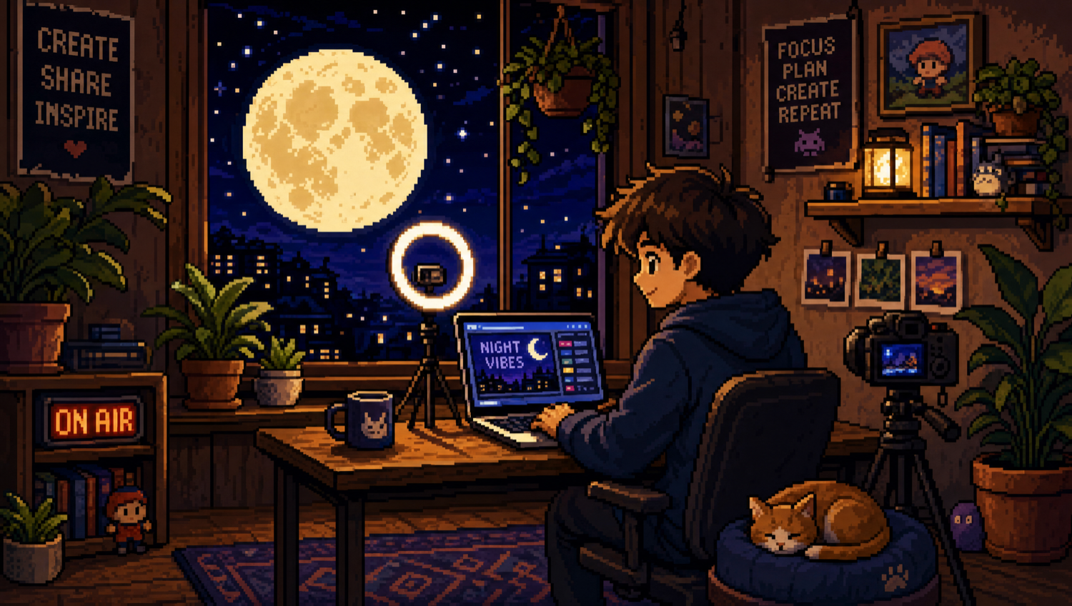 Scène pixel-art : une créatrice travaille la nuit sous une grande lune.